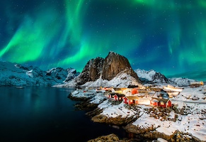 aurora borealis over hamnoy in norway